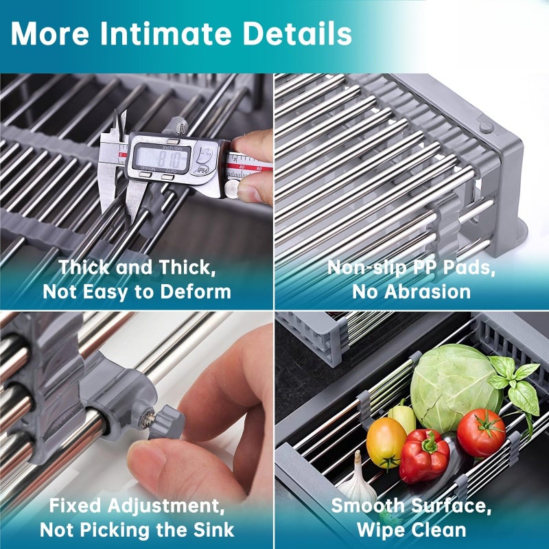 TUTEW Dish Drying Rack, Over The Sink Dish Drying Rack, Stainless Steel Dish Drainer with Adjustable Arms Holder Functional Kitchen Sink Organizer for Vegetable and Fruit - Image 4